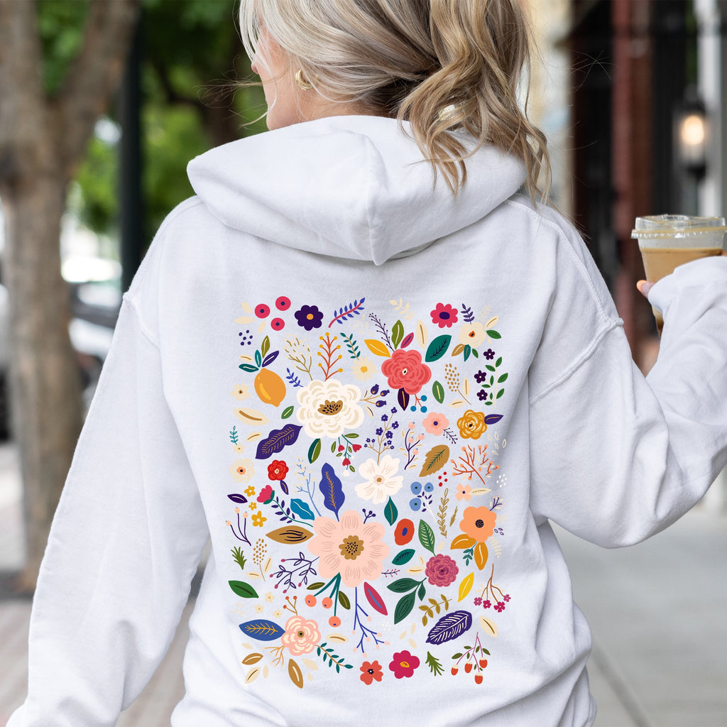 Bloom Brilliance Color-Infused Floral Print All-Over Garden Motif With Petal Shimmer Accent Hoodie
