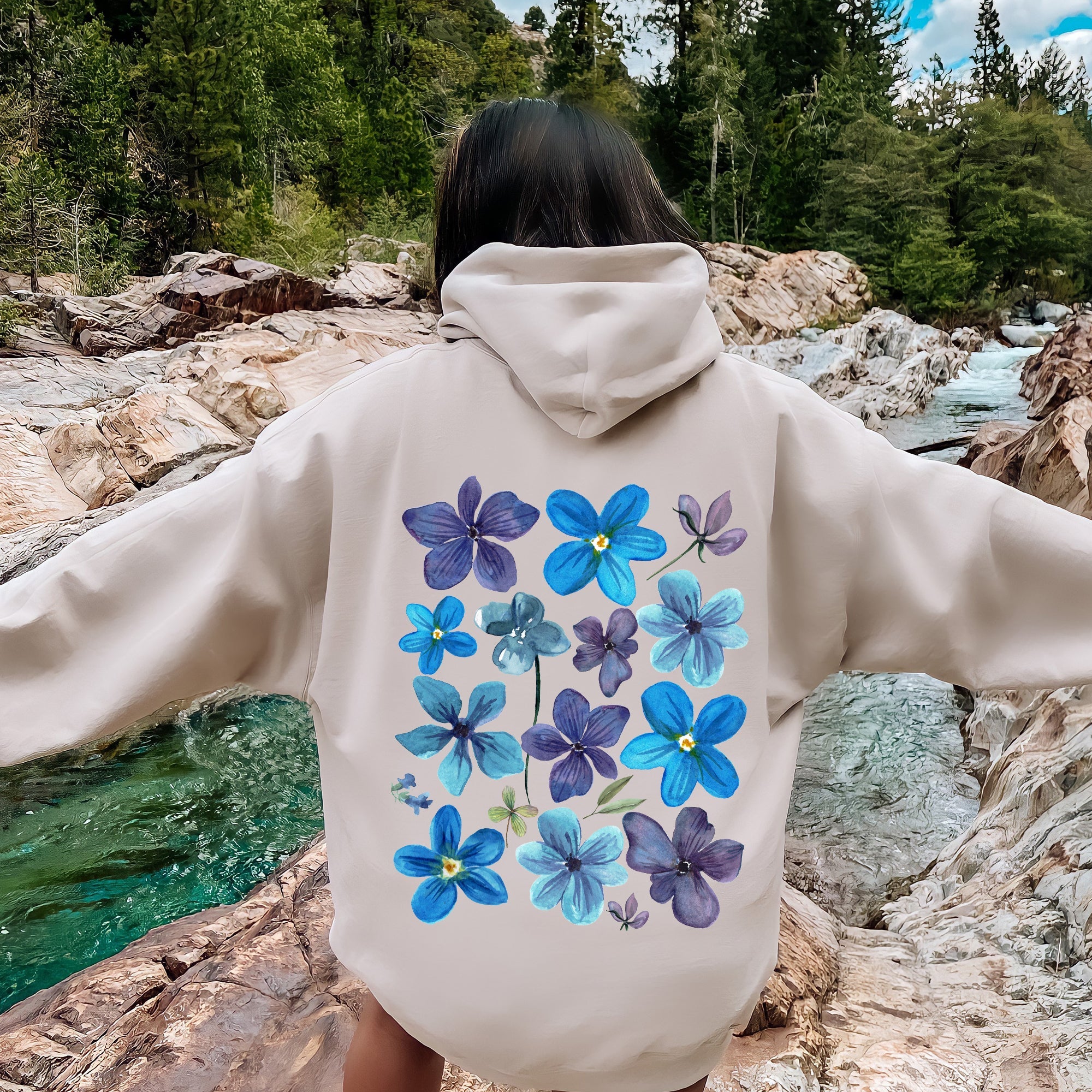 Bold Floral Blues Pressed Flowers Nature Garden Sunset Motif Reimagined Vintage Graphics Hoodie