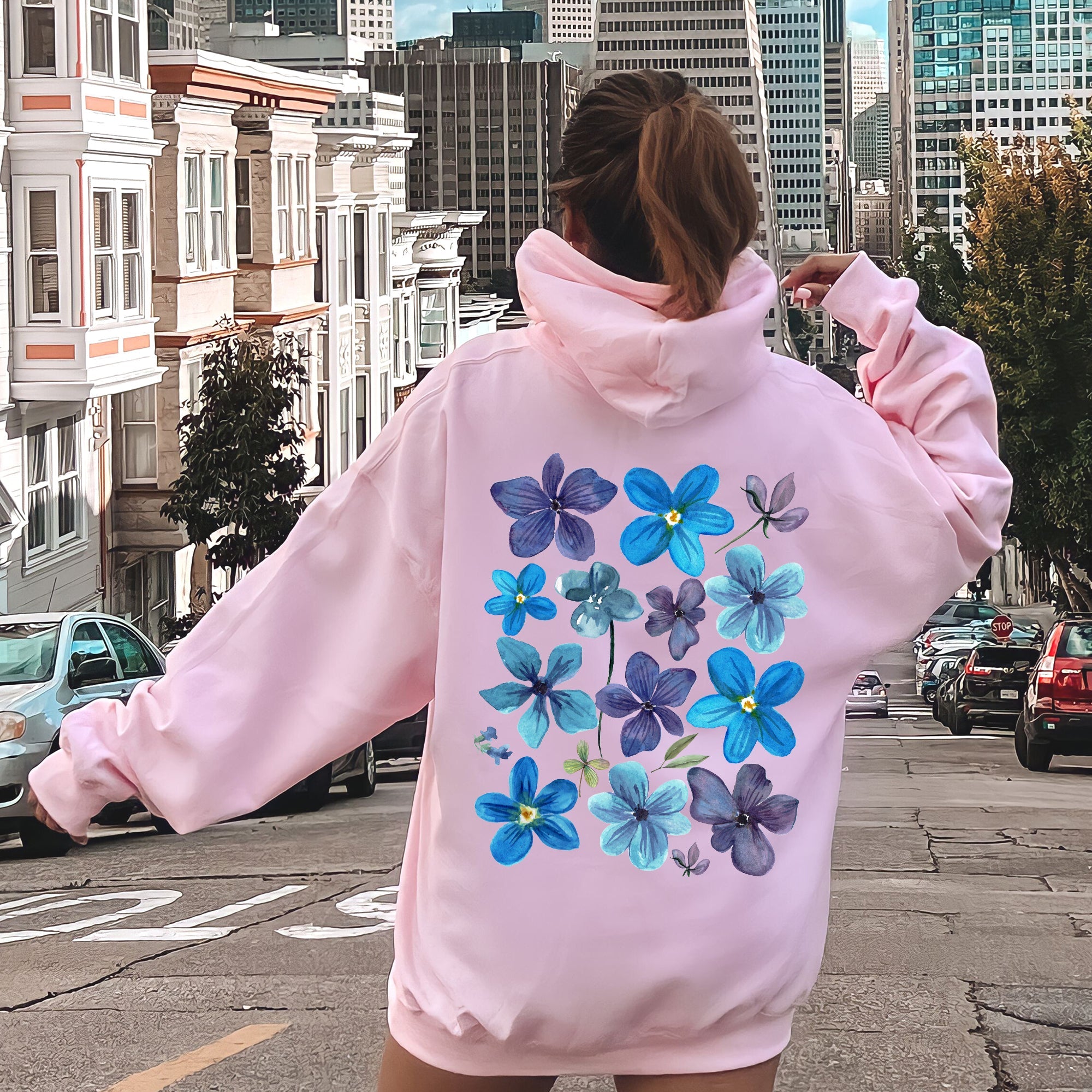 Bold Floral Blues Pressed Flowers Nature Garden Sunset Motif Reimagined Vintage Graphics Hoodie