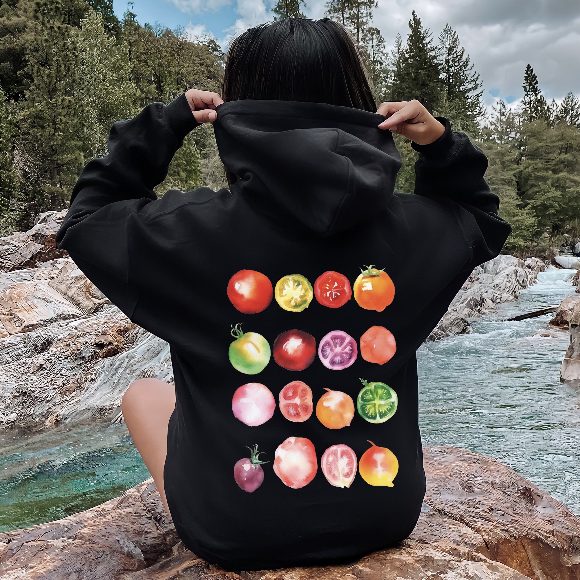 Ripe Tomato Print Garden Fresh Harvest Tomatoes On The Vine Illustration Artwork Hoodie
