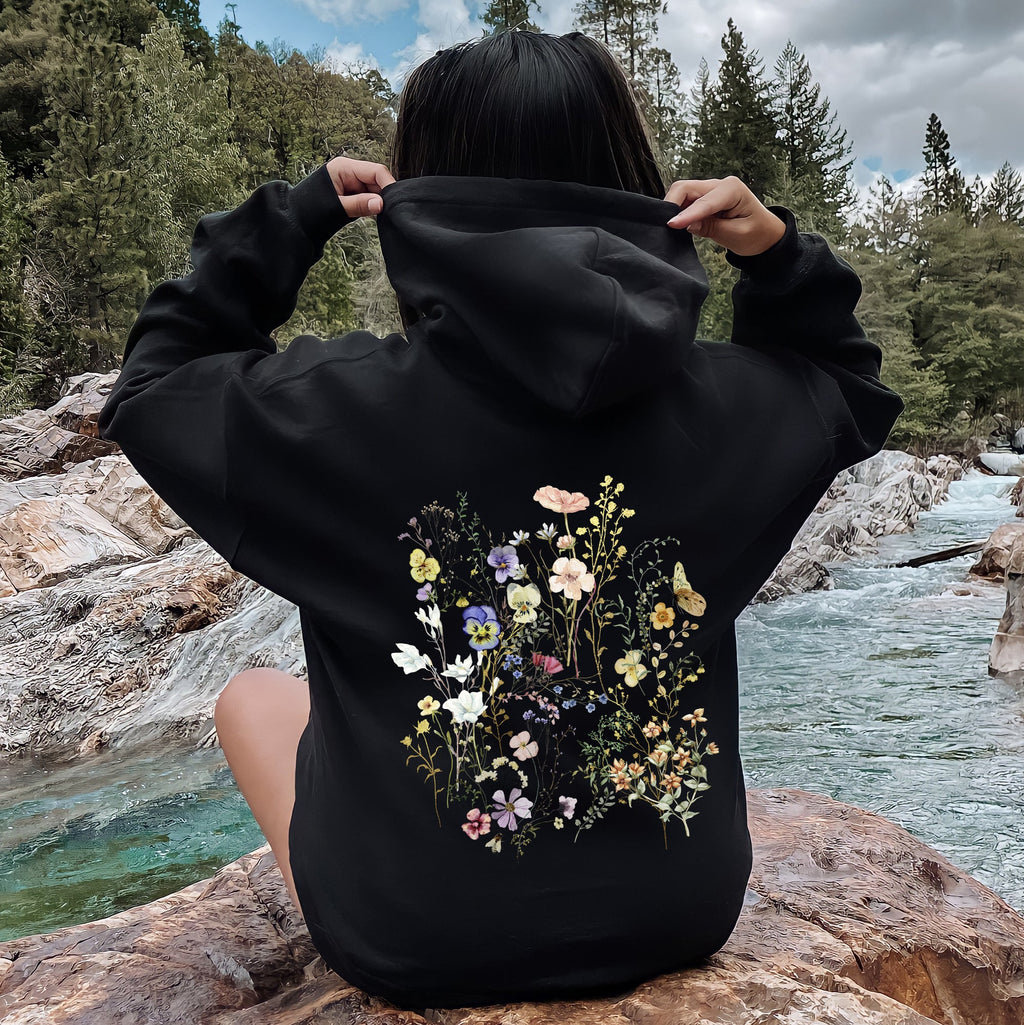 Delicate Pressed Wildflowers Botanical Illustration Art Print Handcrafted Ethereal Garden Scene Hoodie