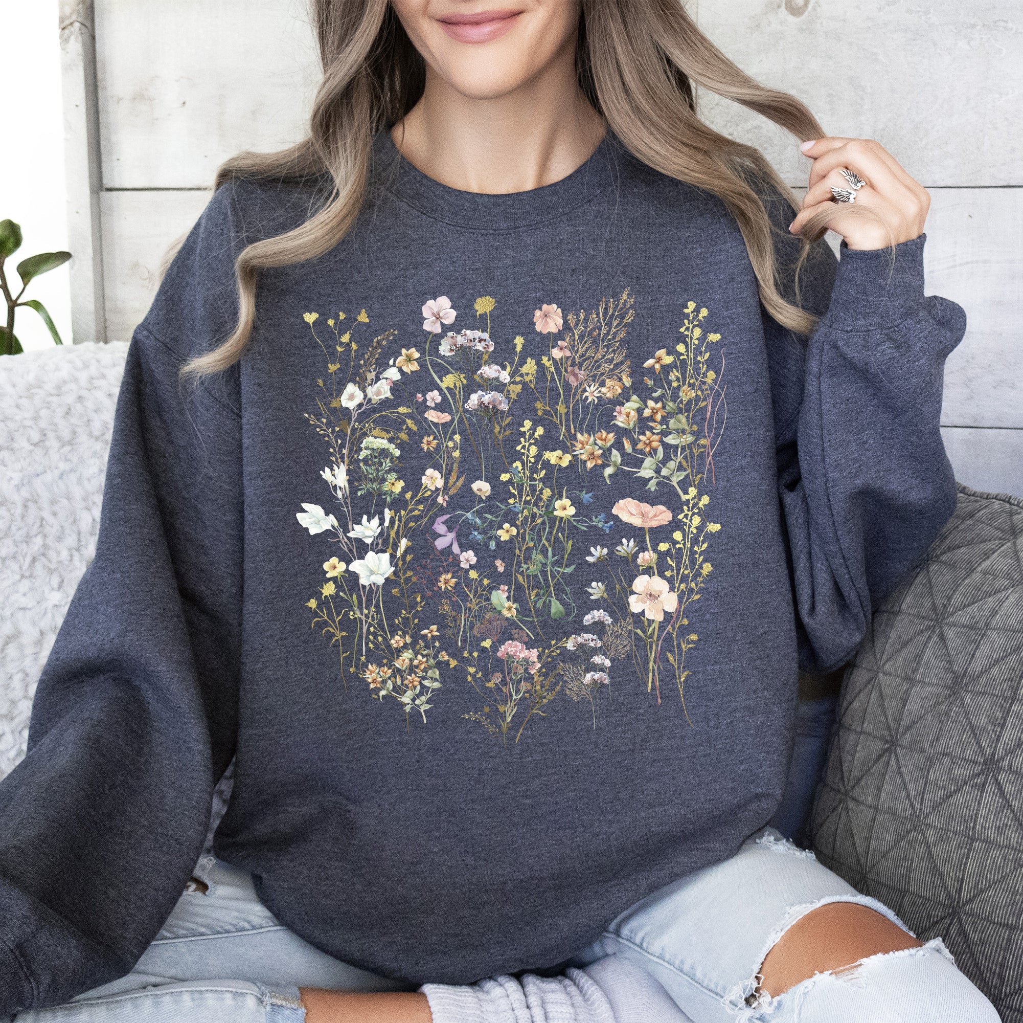 Mountain Pressed Wildflowers Botanical Mountain Range Print Cozy Weekend Sweatshirt