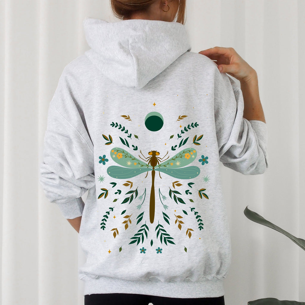 Floral Night Sky Dragonfly Moon and Blooms Hoodie