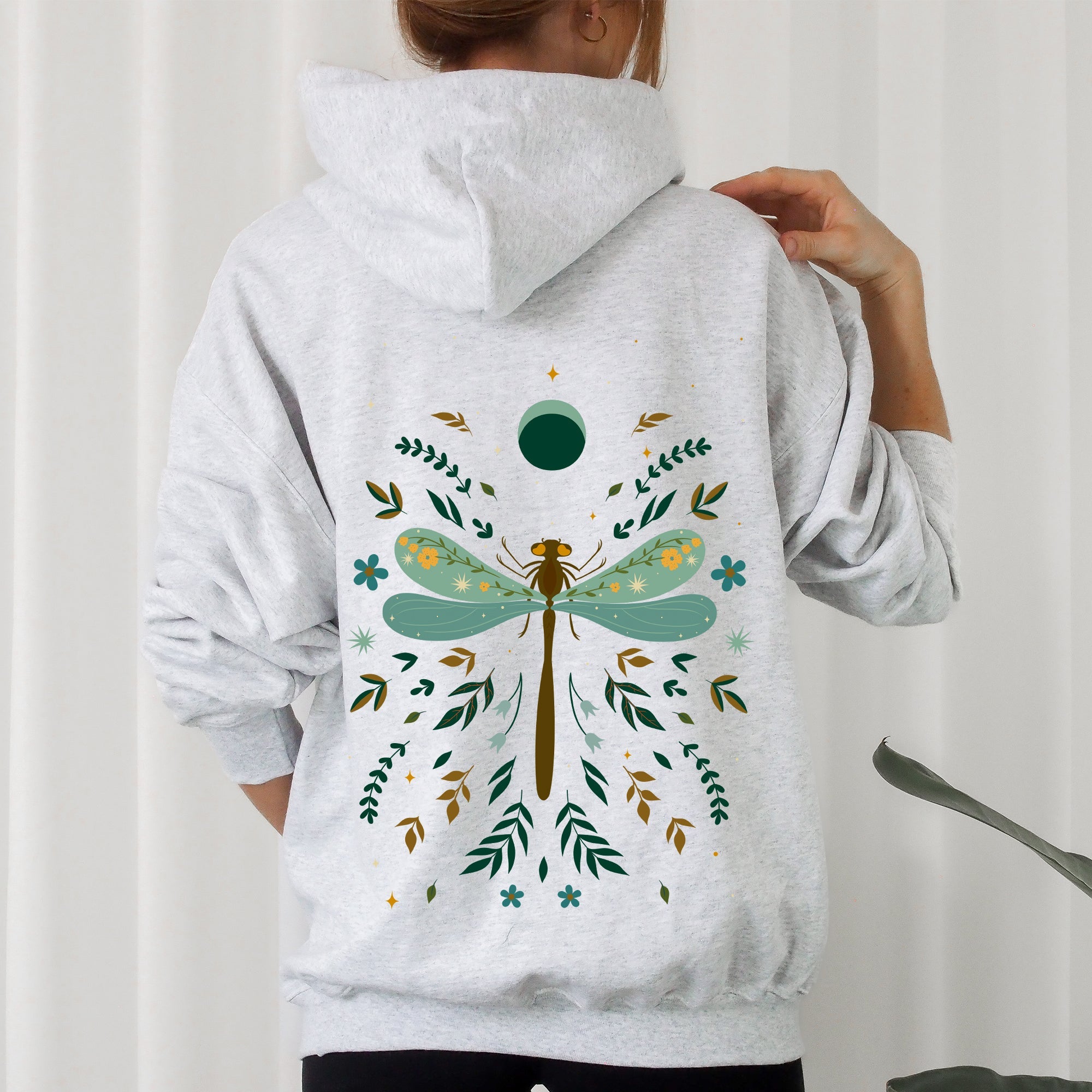 Floral Night Sky Dragonfly Moon and Blooms Hoodie