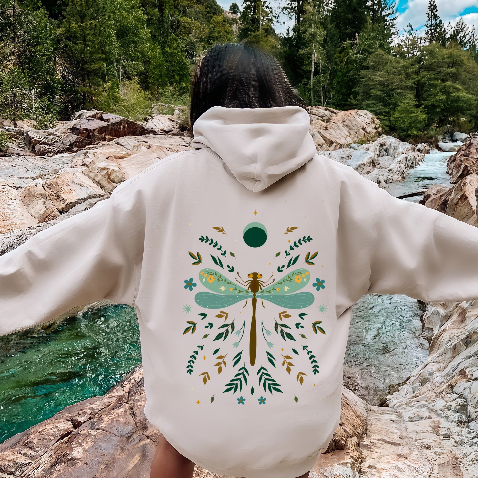 Floral Night Sky Dragonfly Moon and Blooms Hoodie