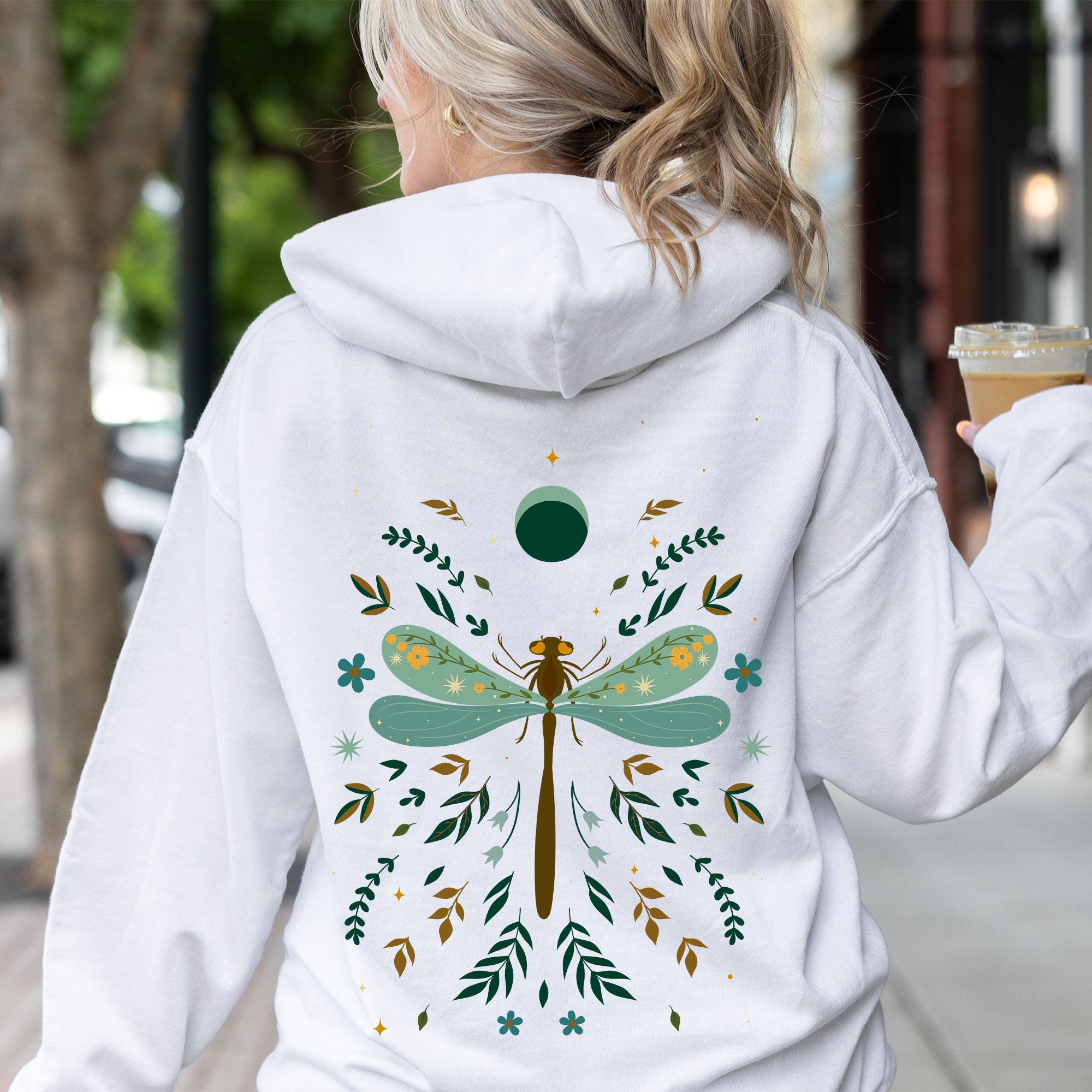 Floral Night Sky Dragonfly Moon and Blooms Hoodie