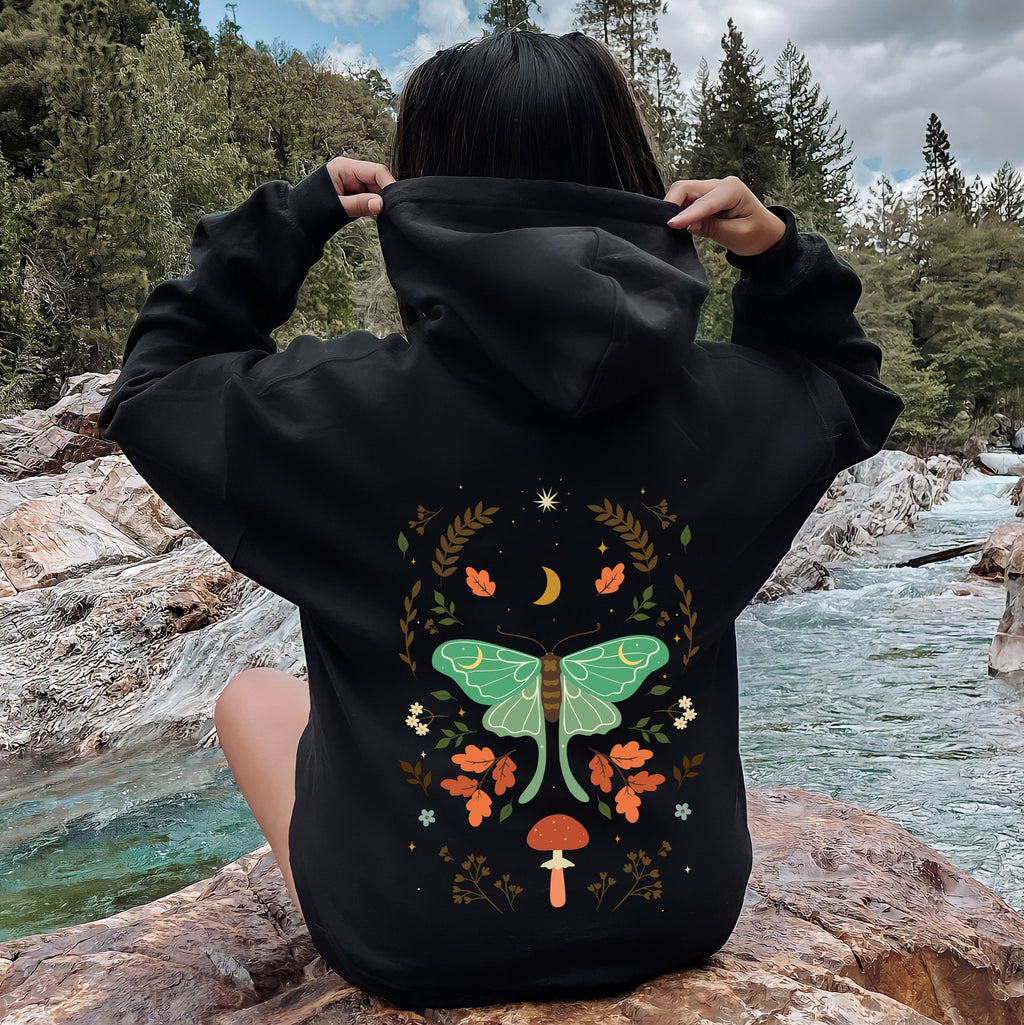 Mystical Moth And Moon, Enchanted Floral Night Sky Art Print Collection Edition Hoodie