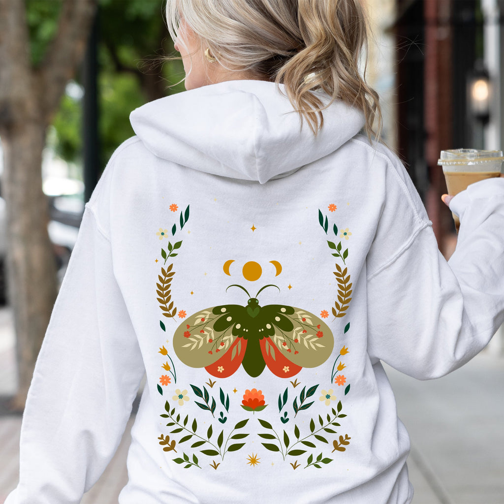 Midnight Garden Dance Moth Moon And Floral Print Celestial Night Garden Illustration Hoodie