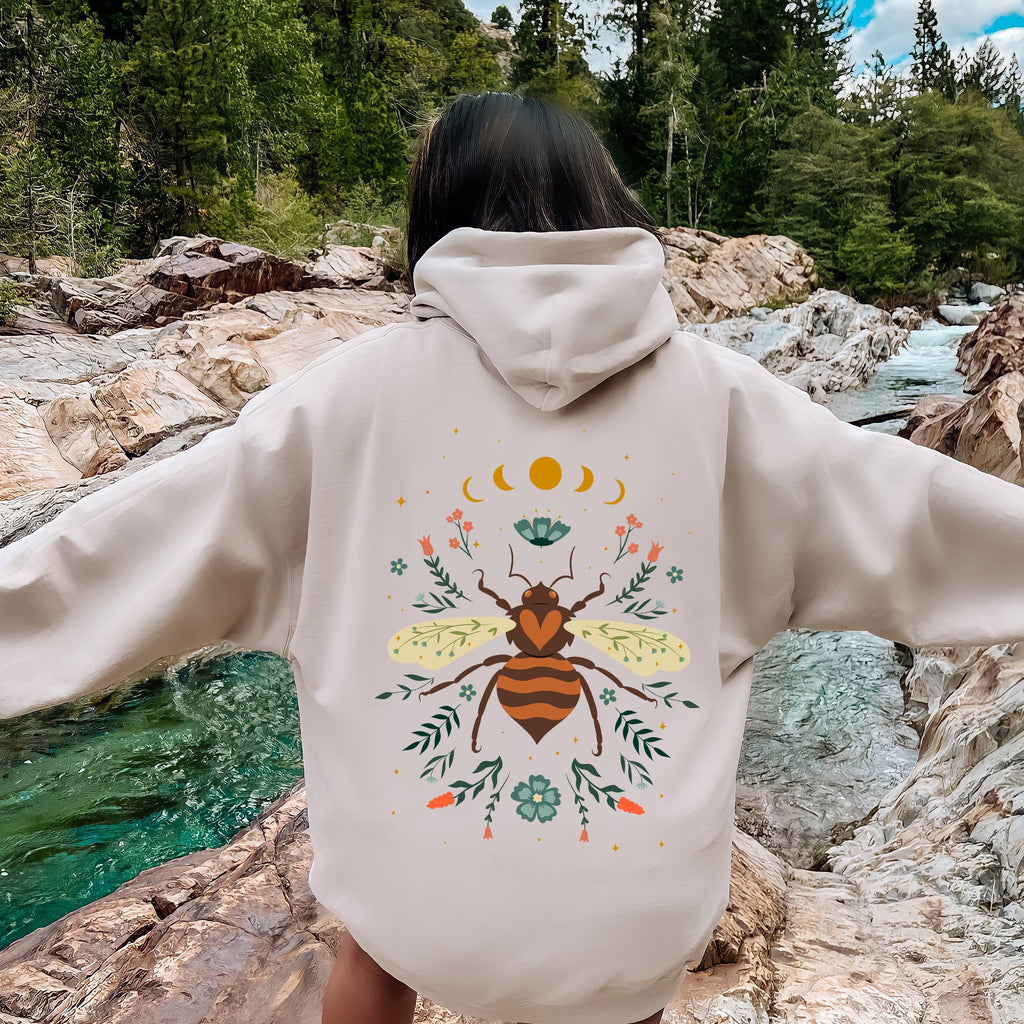 Honey Bee Forest Moon Botanical Design Nature Inspired Elegant Floral Sketch Night Sky Scene Hoodie