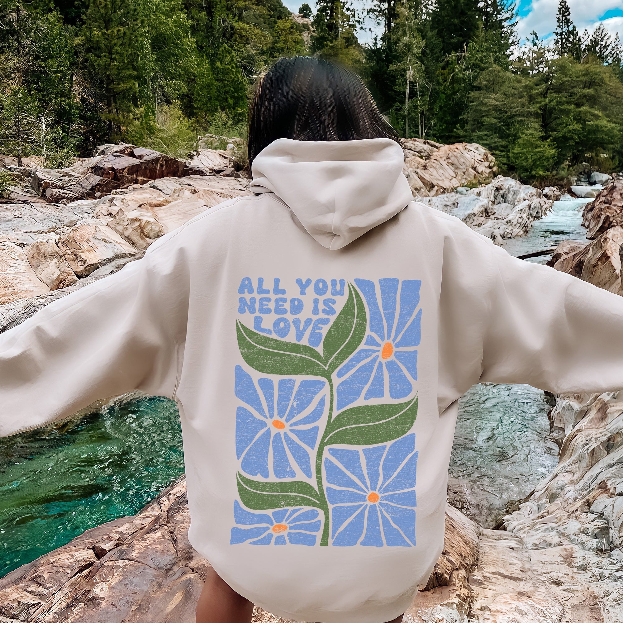 All You Need Is Love Retro Flowers Cozy Fleece-Lined Graphic Hoodie For Everyday Comfort