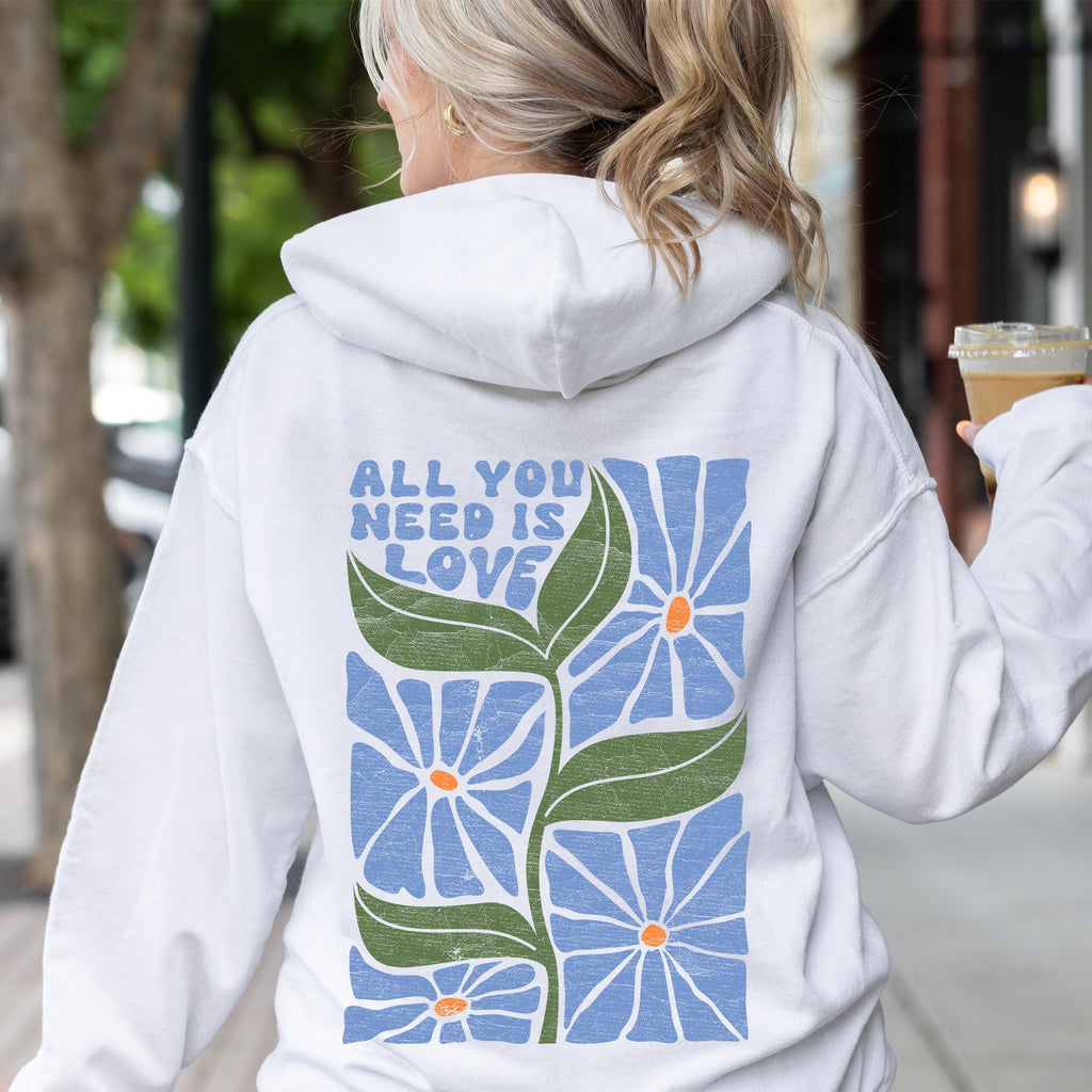 All You Need Is Love Retro Flowers Cozy Fleece-Lined Graphic Hoodie For Everyday Comfort