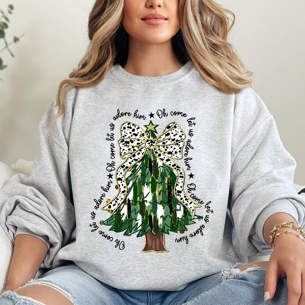 Oh Come Let Us Adore Him Christmas Tree Dalmatian Print Festive Holiday Season Sweatshirt