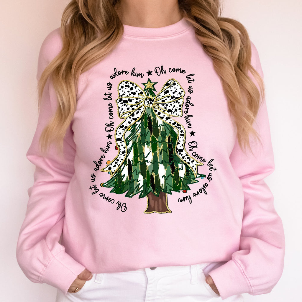 Oh Come Let Us Adore Him Christmas Tree Dalmatian Print Festive Holiday Season Sweatshirt
