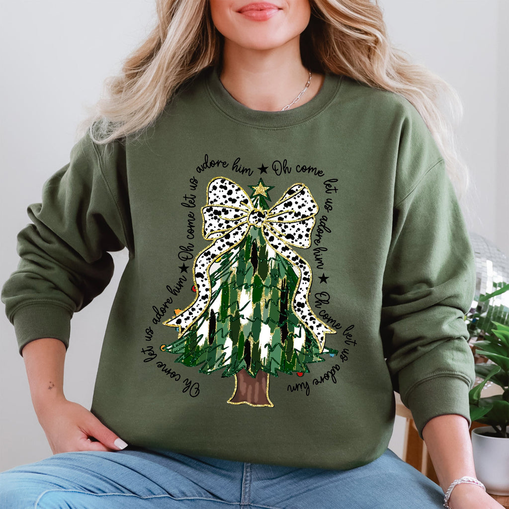 Oh Come Let Us Adore Him Christmas Tree Dalmatian Print Festive Holiday Season Sweatshirt