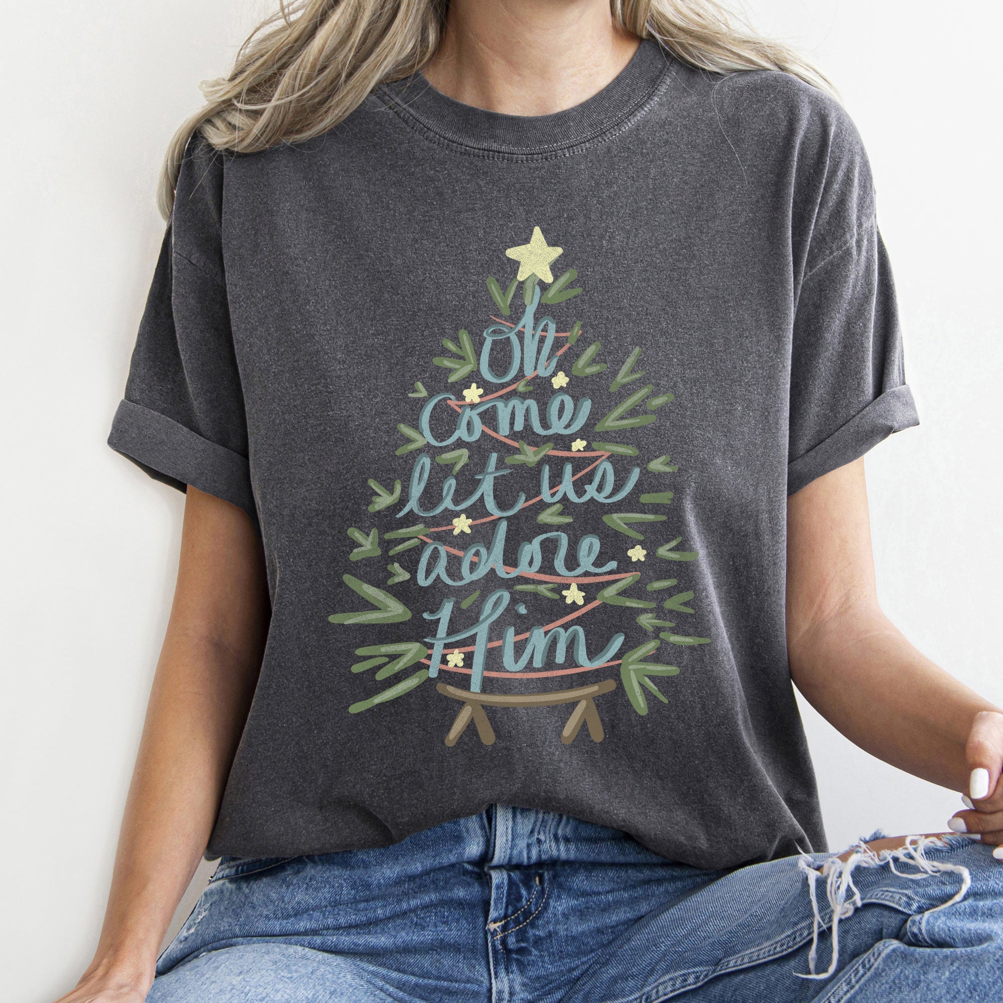 Oh Come Let Us Adore Him Christmas Carol Religious Christian Holiday Comfort Colors Tee