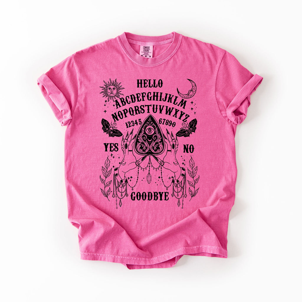 Ouija Board Spooky Tarot Halloween Witch Moonlight Seance Mystic Symbols Night Sky Hauntings Comfort Colors Tee