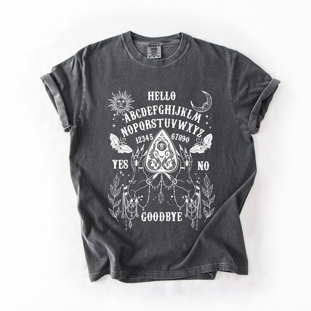 Ouija Board Spooky Tarot Halloween Witch Moonlight Seance Mystic Symbols Night Sky Hauntings Comfort Colors Tee