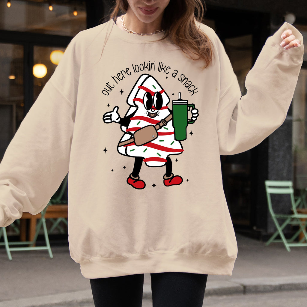 Out Here Looking Like A Snack Christmas Cake Santa Xmas Holiday Festive Cozy Sweatshirt