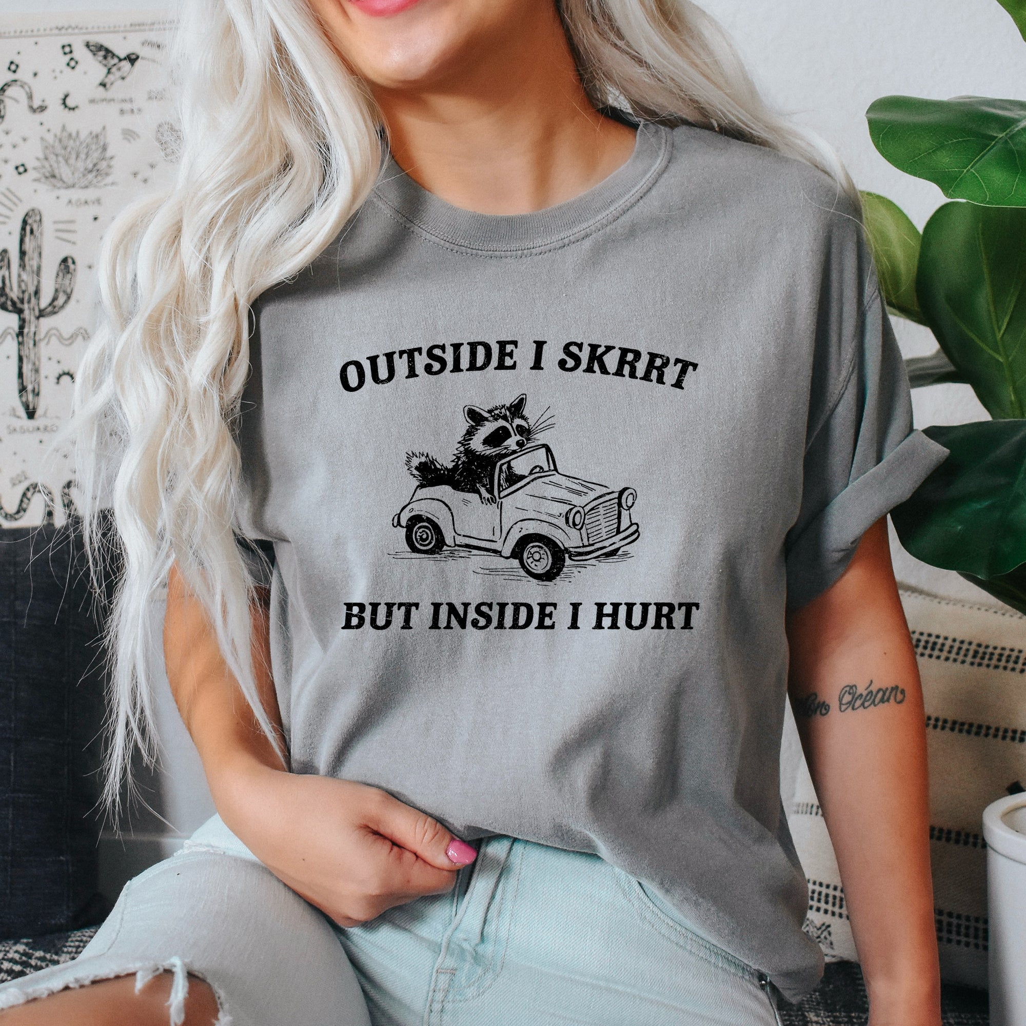 Outside I Skrrt Inside I Hurt Raccoon Meme Aesthetic Funny Bold Comfort Colors Tee
