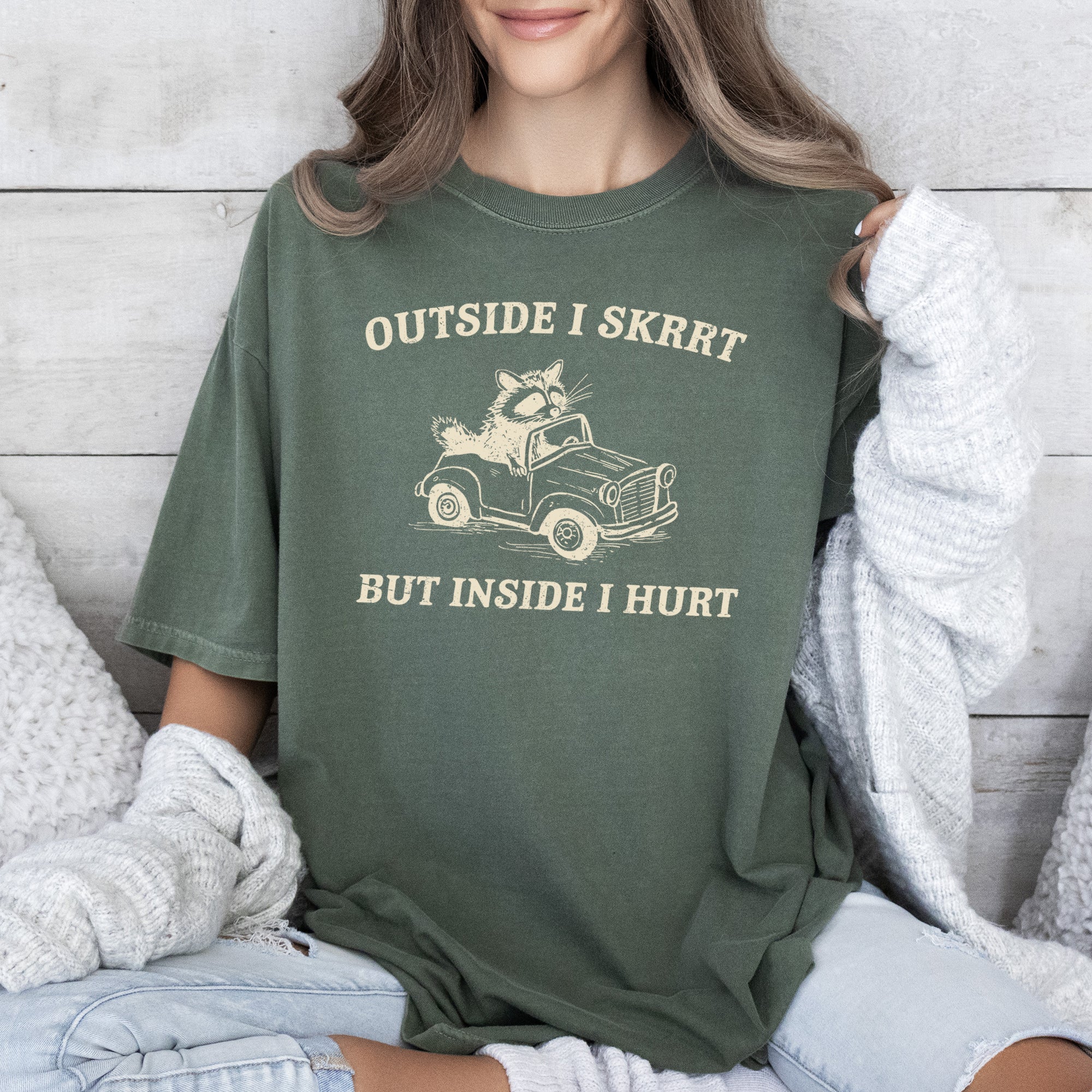 Outside I Skrrt Inside I Hurt Raccoon Meme Aesthetic Funny Bold Comfort Colors Tee