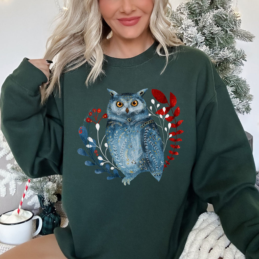 Owl Folk Art Scandinavian Inspired Winter Christmas Nordic Owl Design Sweatshirt