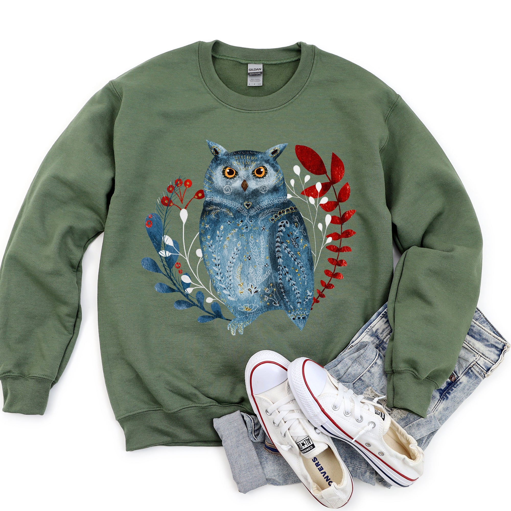 Owl Folk Art Scandinavian Inspired Winter Christmas Nordic Owl Design Sweatshirt
