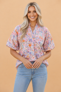 Floral V-Neck Short Sleeve Shift Blouse