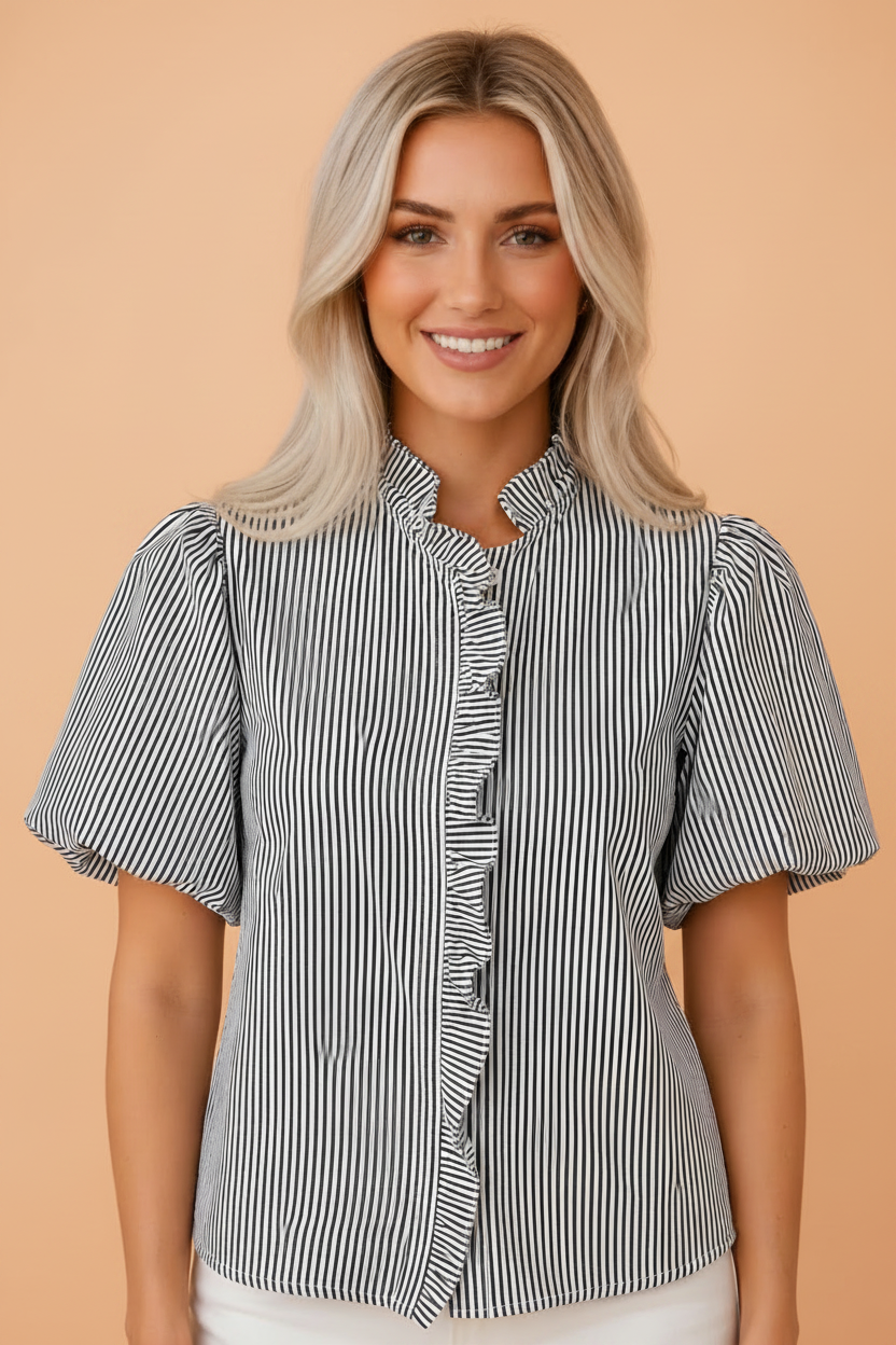 Stripe Ruffle Bubble Sleeve Shirt