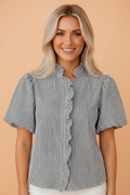 Stripe Ruffle Bubble Sleeve Shirt