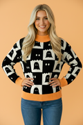 Halloween Ghost Checker High Neck Drop Shoulder Sweater