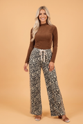 Leopard Denim Drawstring Waist Straight Leg Jeans