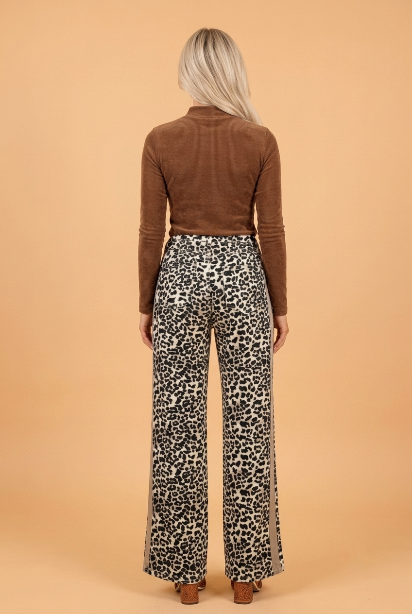 Leopard Denim Drawstring Waist Straight Leg Jeans