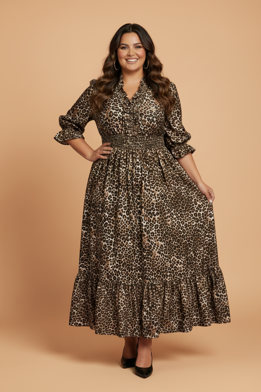 Plus Size Leopard Smocked Waist Maxi Dress