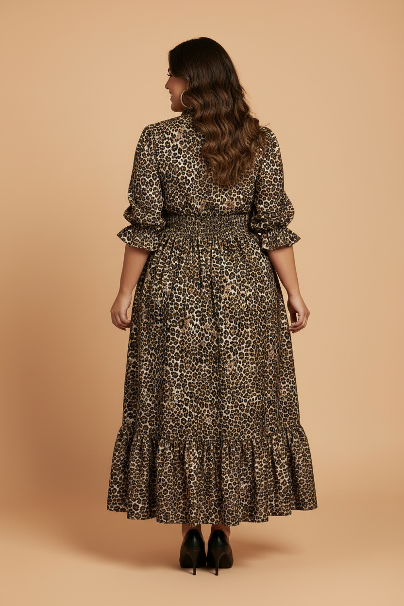 Plus Size Leopard Smocked Waist Maxi Dress