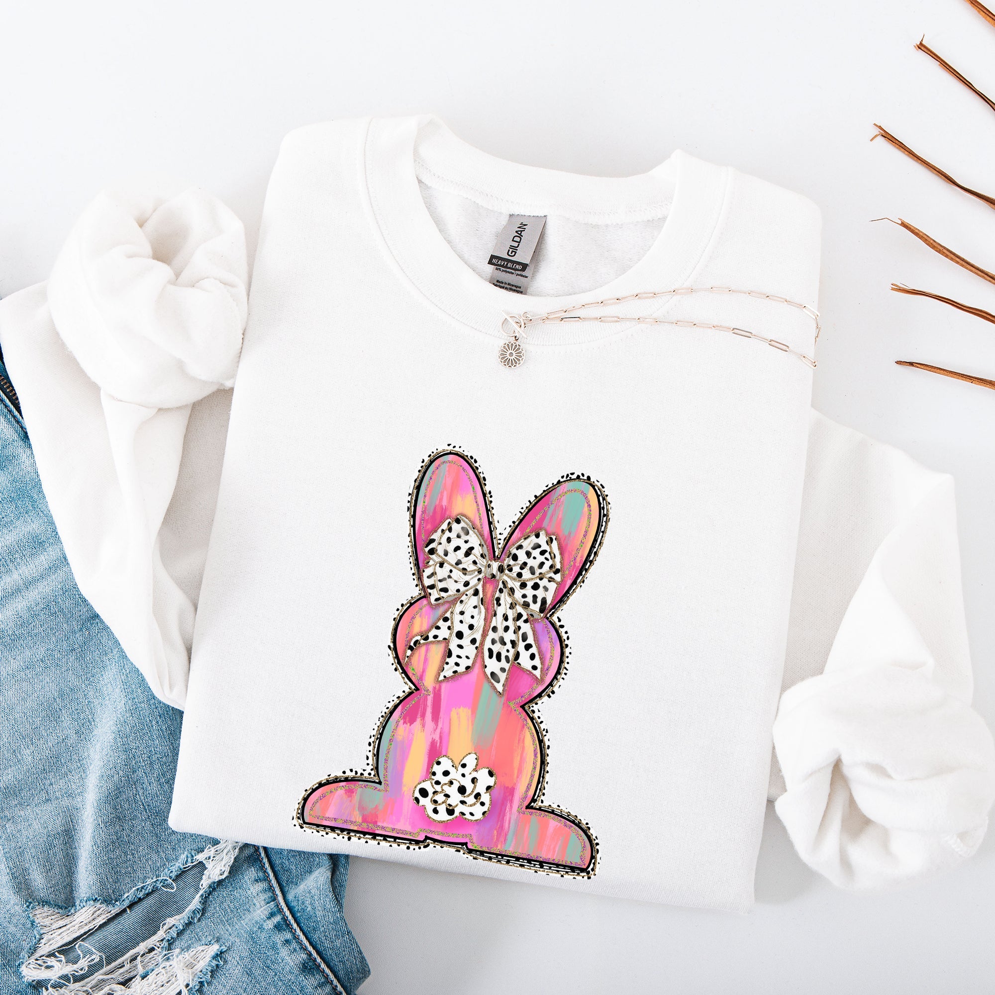 Painted Colorful Dalmatian Print Easter Bunny Jesus Rabbit Holiday Theme Graphic Art Sweatshirt