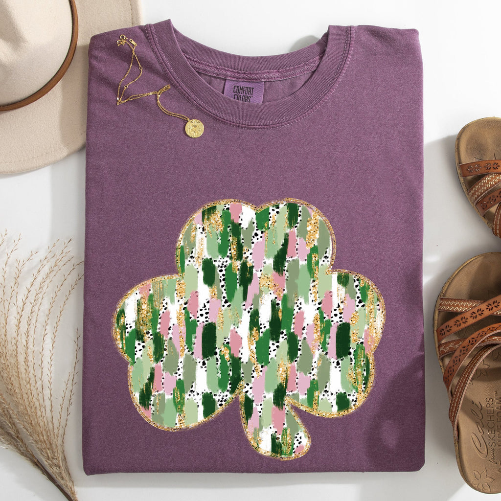 Painted Faux Glitter St Patrick's Day Shamrock Clover Leprechaun Comfort Colors Tee