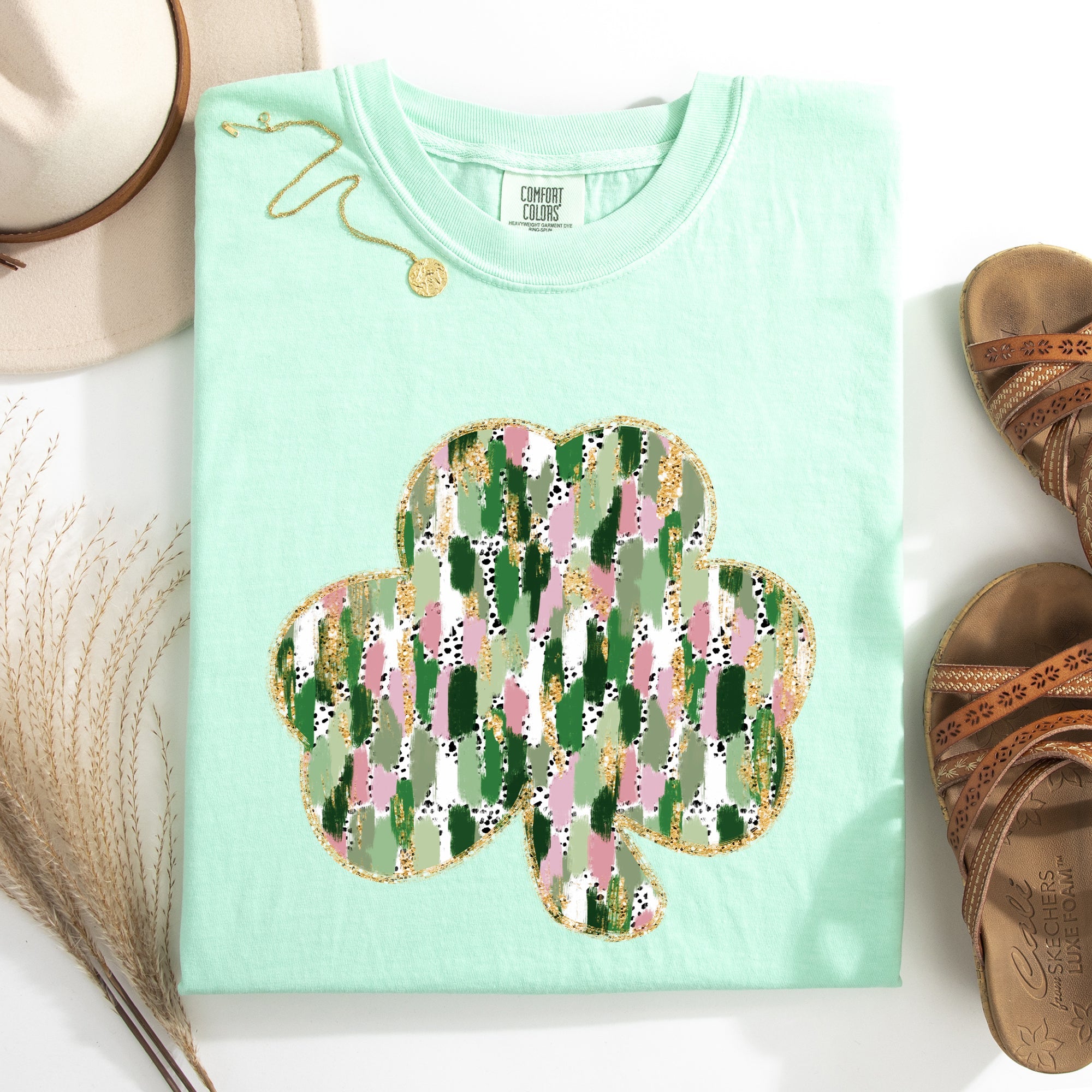 Painted Faux Glitter St Patrick's Day Shamrock Clover Leprechaun Comfort Colors Tee