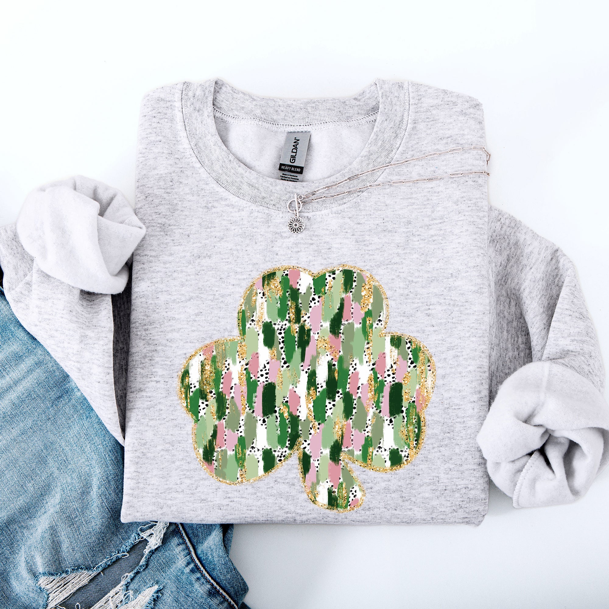 Painted Leprechaun Shamrock Scene With Faux Glitter And Lucky Festive Vibes Sweatshirt