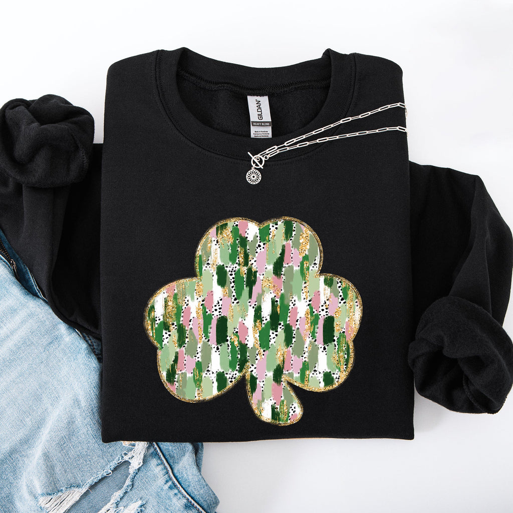 Painted Leprechaun Shamrock Scene With Faux Glitter And Lucky Festive Vibes Sweatshirt