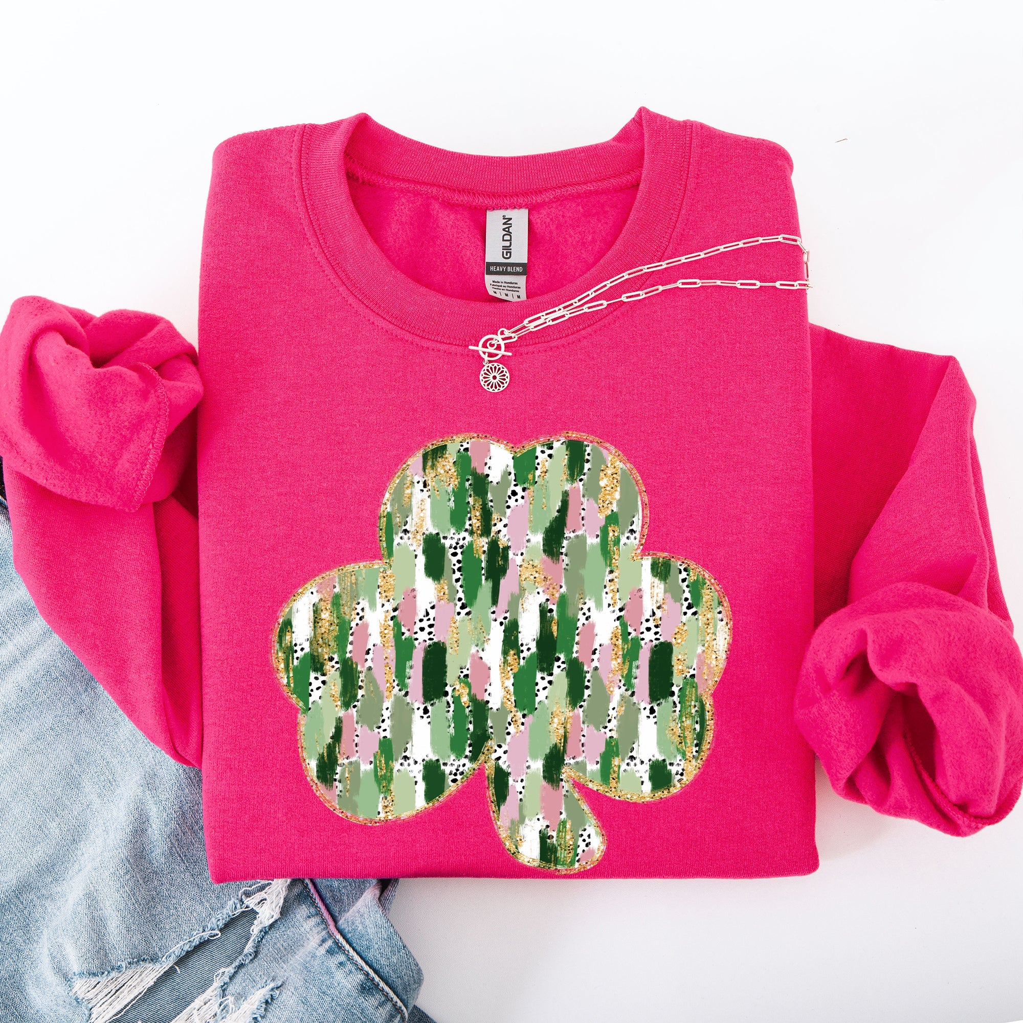 Painted Leprechaun Shamrock Scene With Faux Glitter And Lucky Festive Vibes Sweatshirt