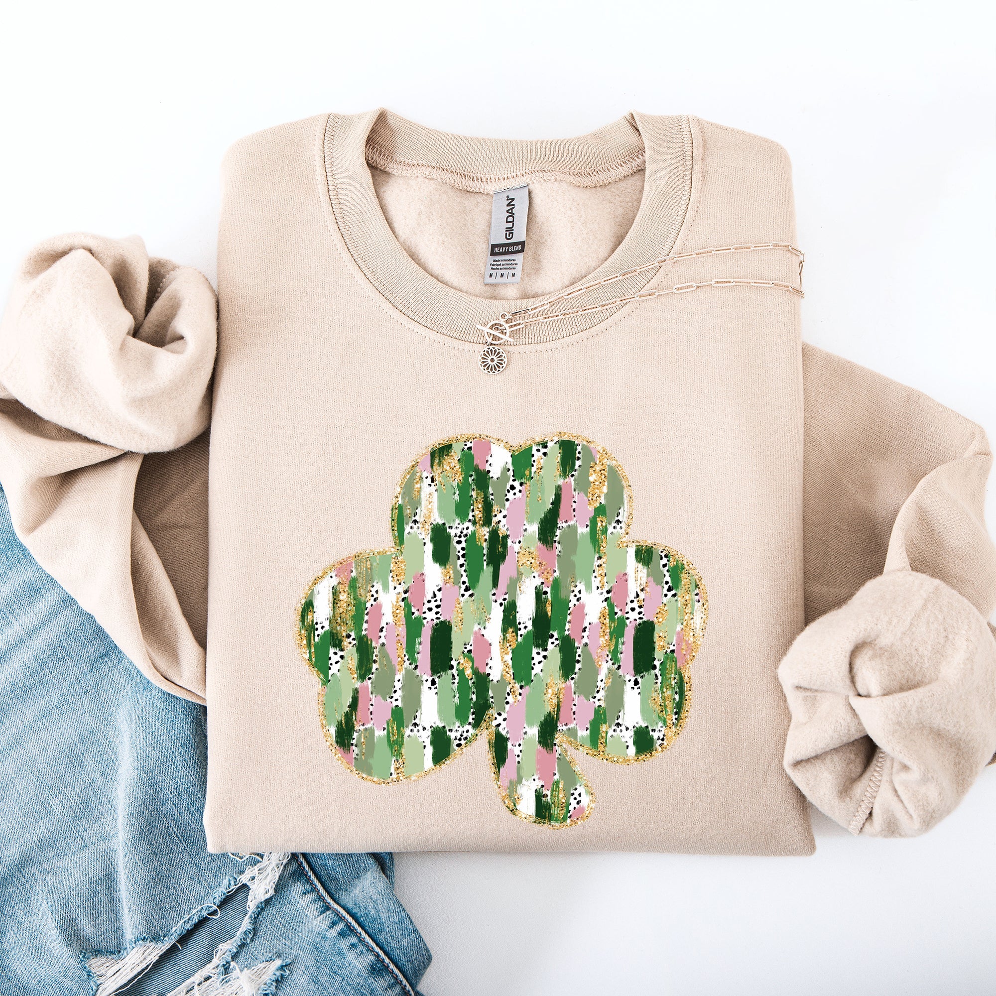 Painted Leprechaun Shamrock Scene With Faux Glitter And Lucky Festive Vibes Sweatshirt