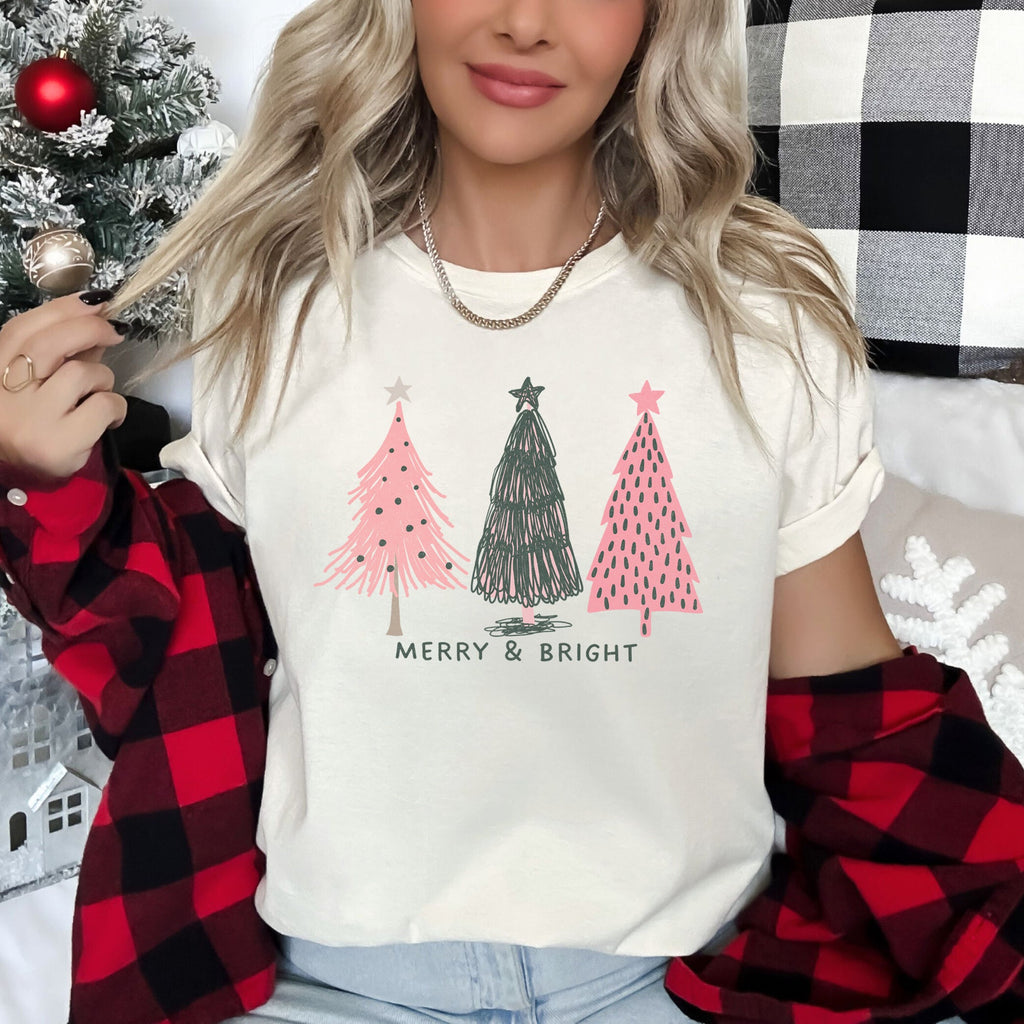 Pastel Christmas Trees Merry And Bright Pink And Green Festive Holiday Graphic Tee