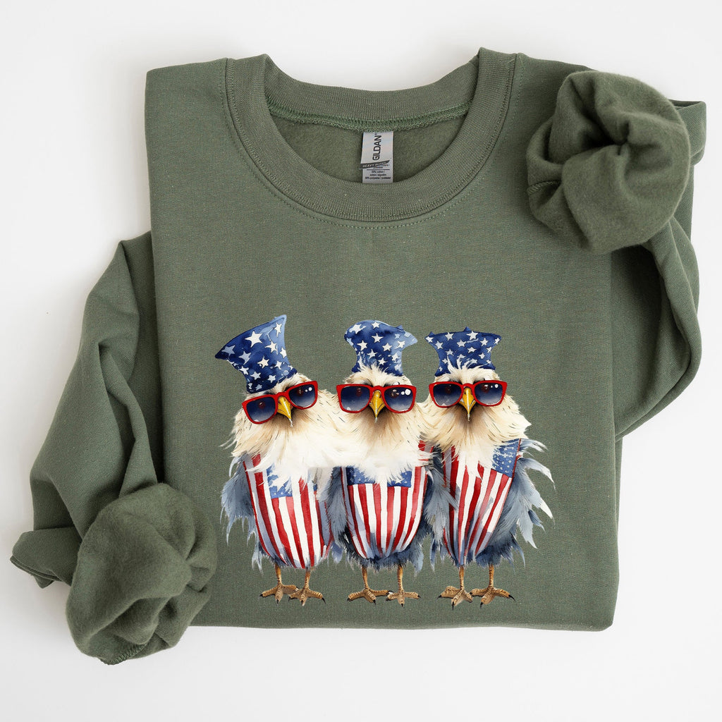 Patriotic Chickens Hippie Fourth Of July Graphic Sweatshirt With Bold Retro Design