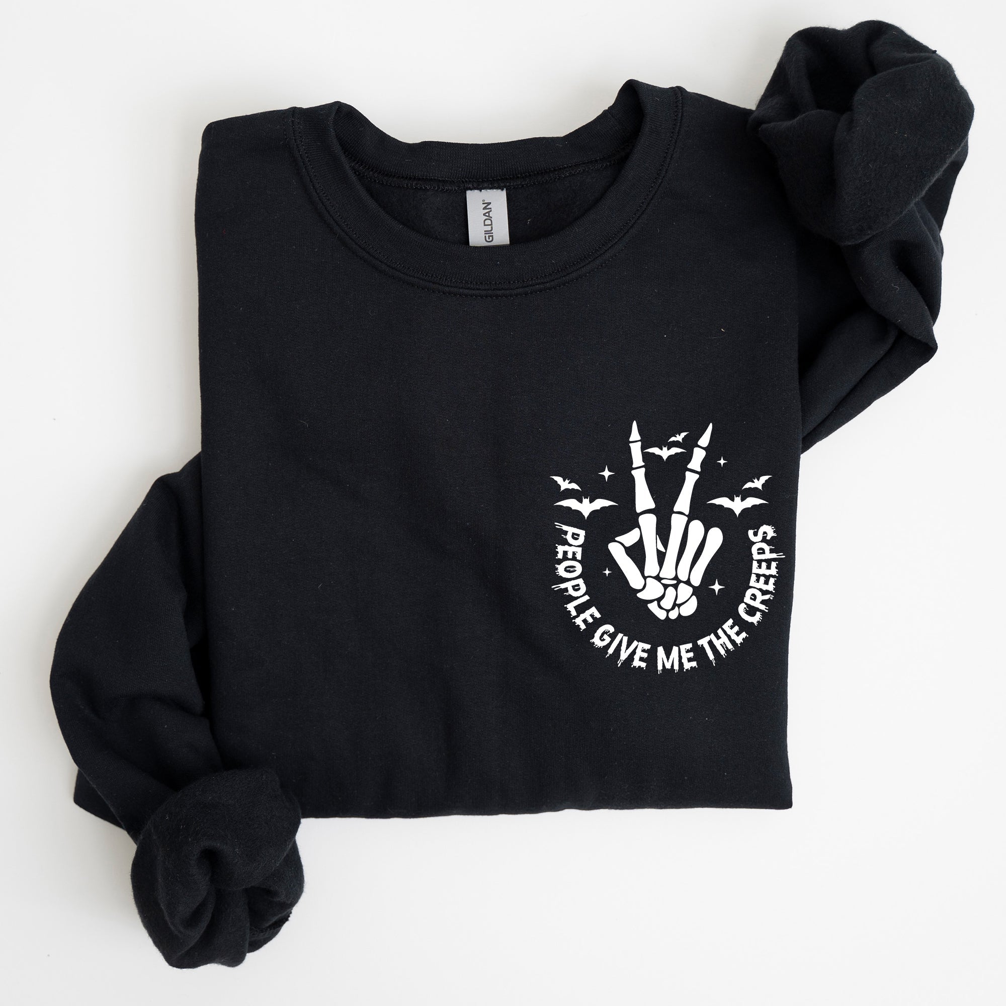 People Give Me The Creeps Pocket Print Skeleton Bats Witch Halloween Spooky Sweatshirt