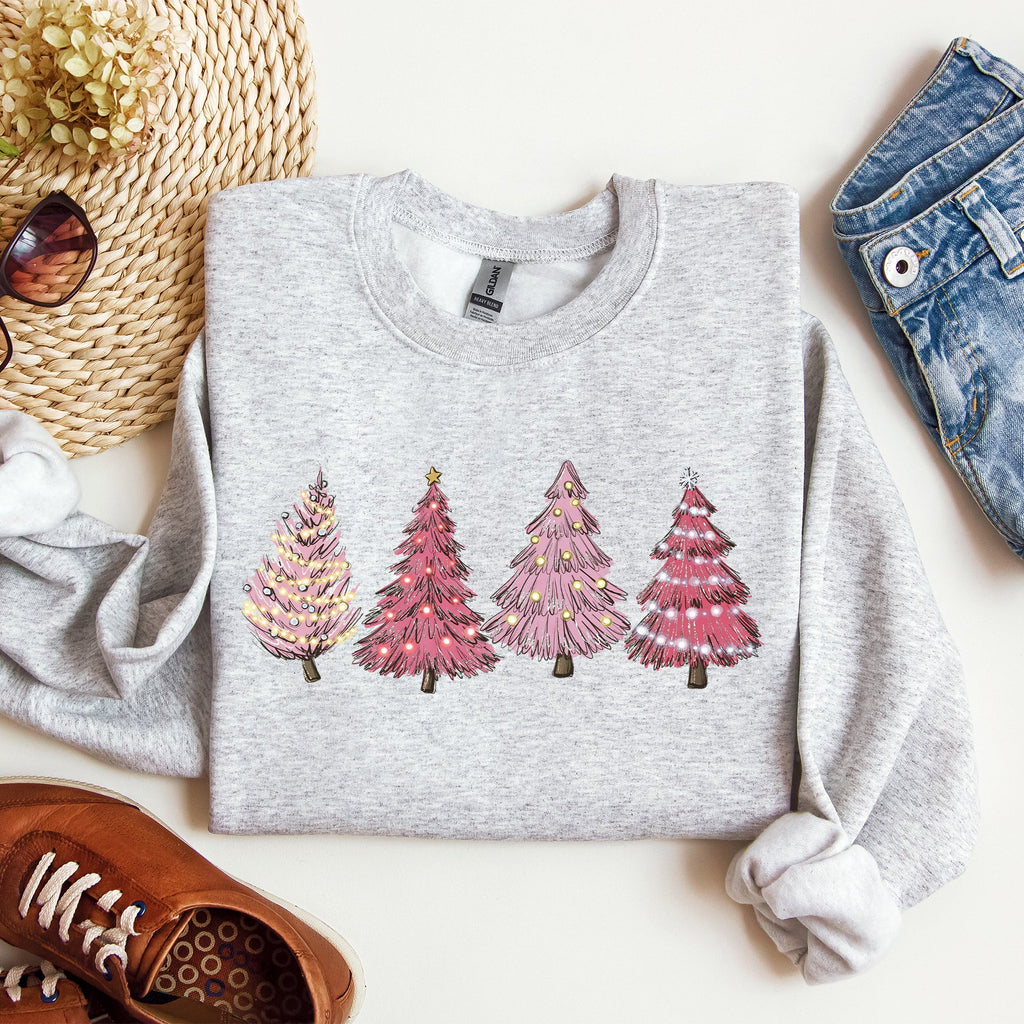 Pink Christmas Trees Winter Snow Santa Festive Seasonal Illustration With Cozy Winter Vibes Sweatshirt