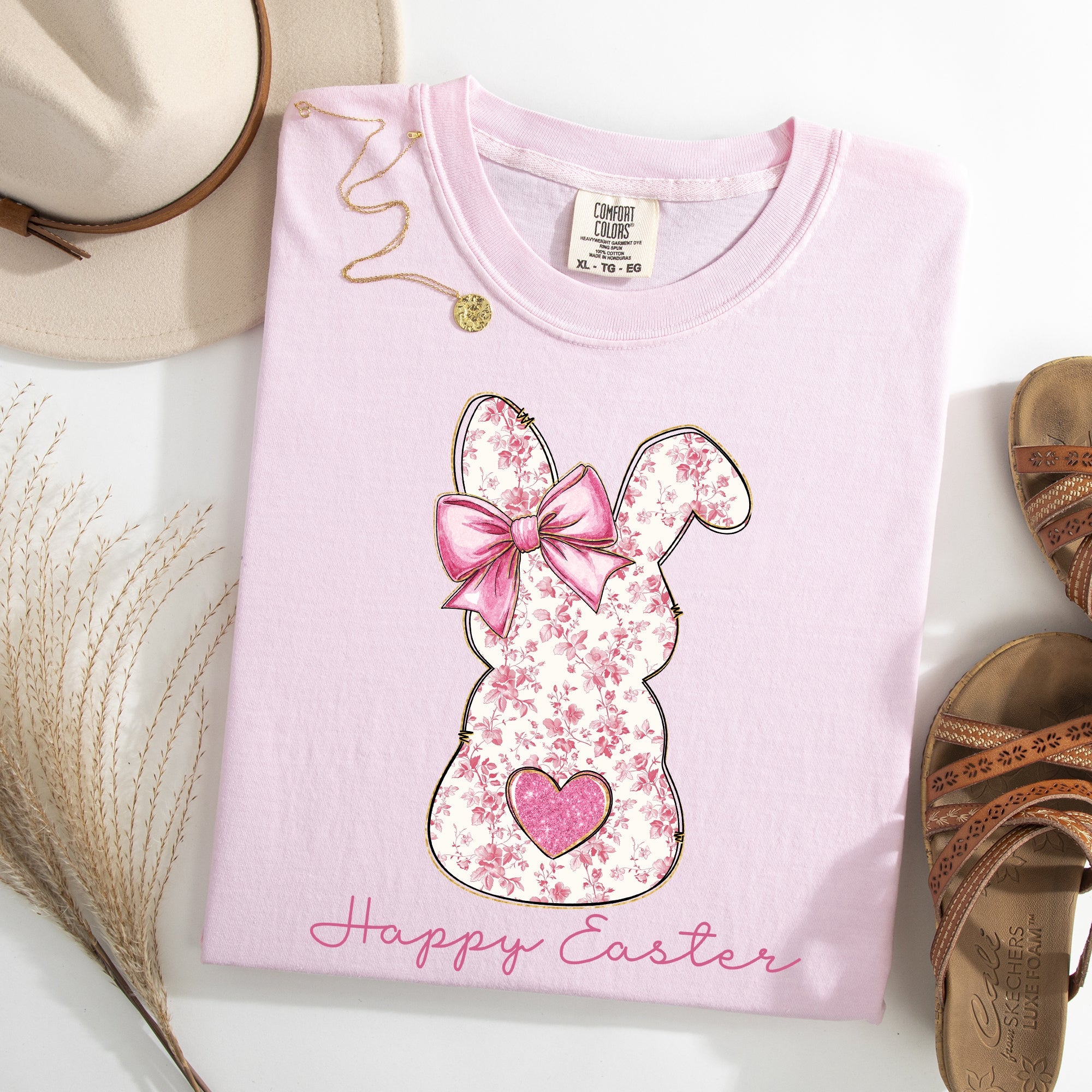 Pink Floral Bunny Easter Jesus Rabbit Holiday Floral Illustration Comfort Colors Tee
