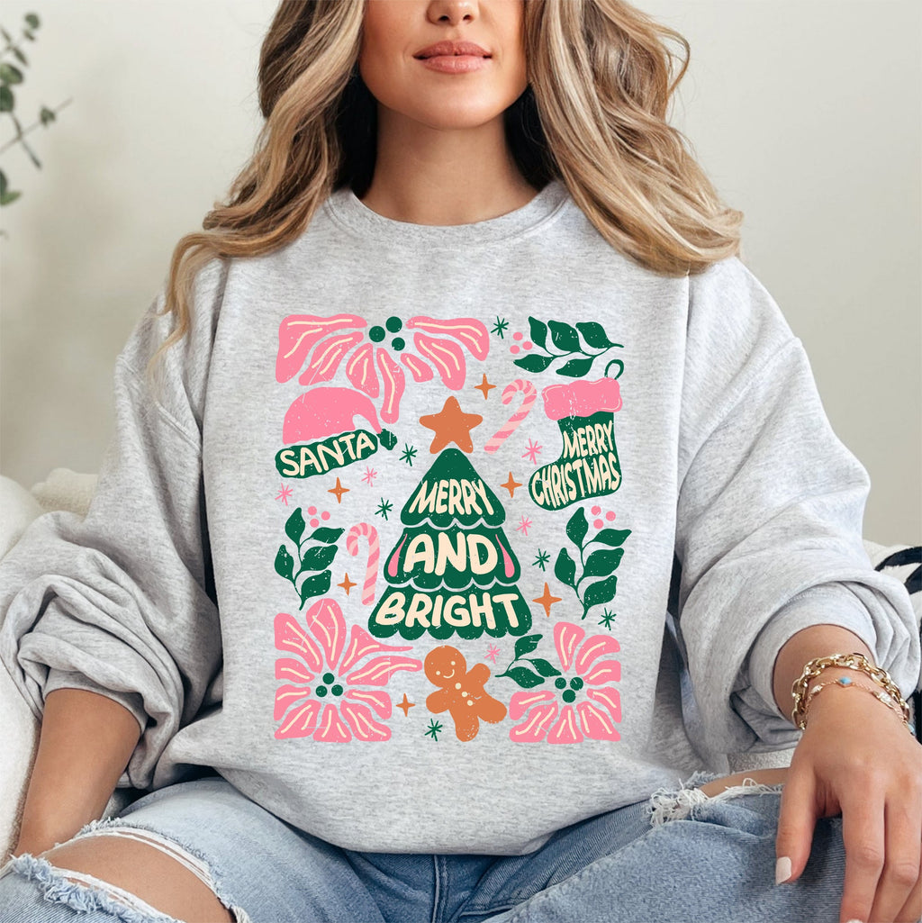 Pink Merry And Bright Candy Cane Tree Christmas Flowers Floral Holiday Design Sweatshirt