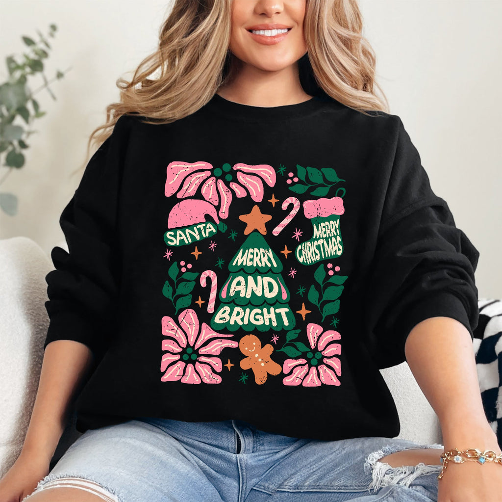 Pink Merry And Bright Candy Cane Tree Christmas Flowers Floral Holiday Design Sweatshirt