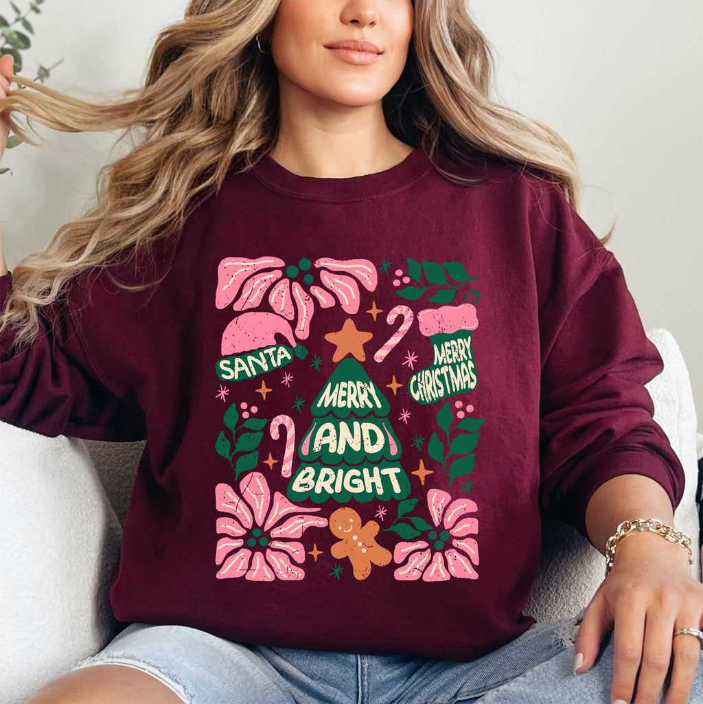 Pink Merry And Bright Candy Cane Tree Christmas Flowers Floral Holiday Design Sweatshirt