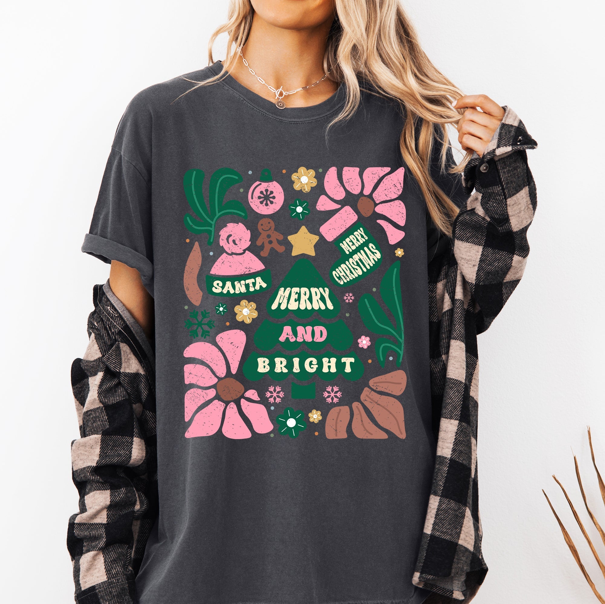Merry And Bright Ornament Tree Christmas Flowers Festive Floral Holiday Design Comfort Colors Tee